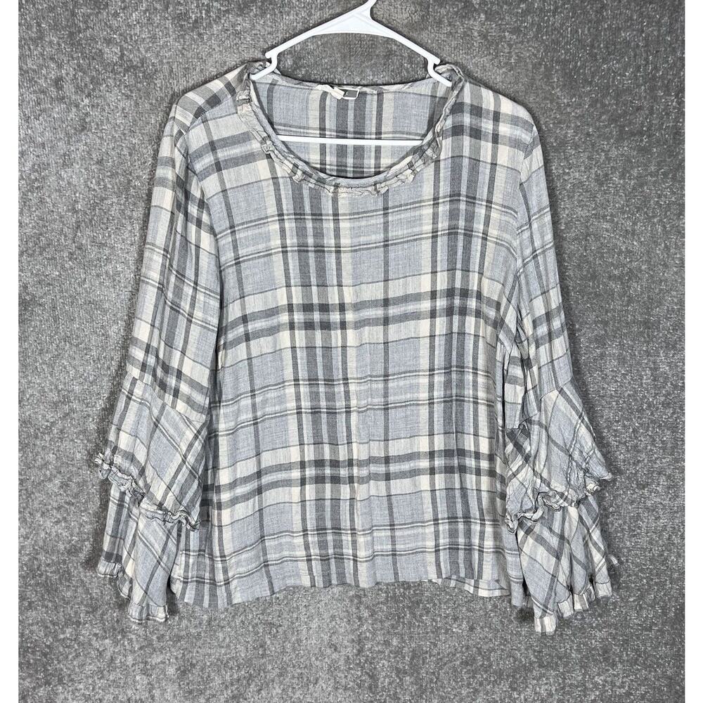 Pleione Top Womens Size XL Gray Plaid Rayon Long Tiered Ruffle Sleeve Scoop Neck